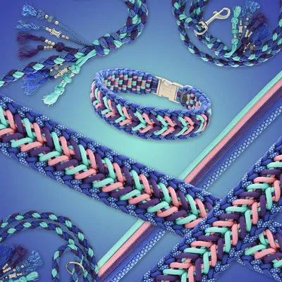 Halsband und Leine aus Paracord in blau, lila und rosa