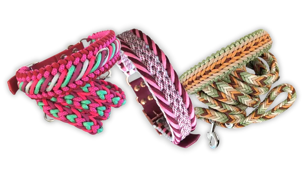 Verschiedene Paracord-Hundeleinen und -Halsbänder in verschiedenen Farben